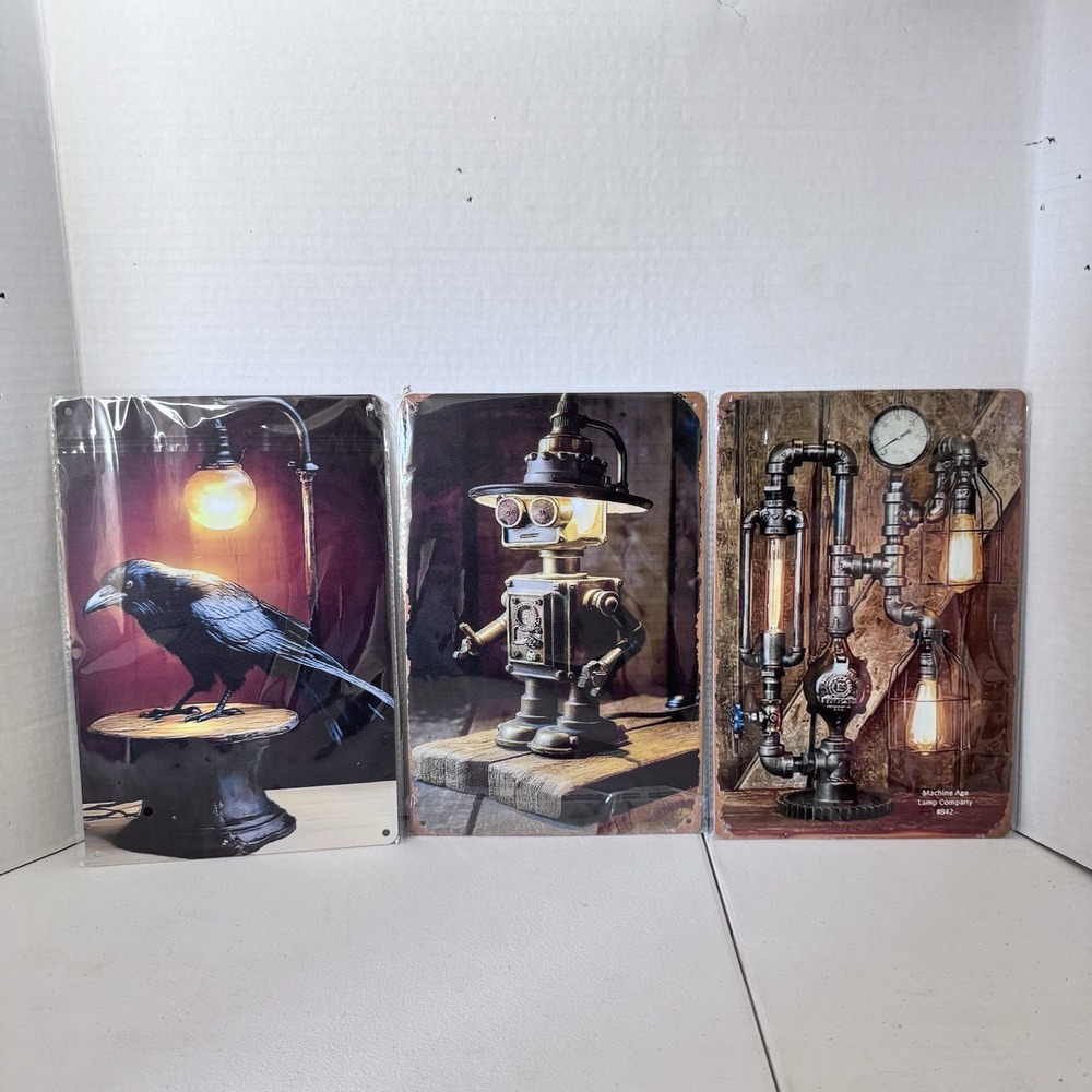 New‎ Steampunk Wall Decor Metal Picture Set Of 3 Size 8x12 Raven Robot Pipes